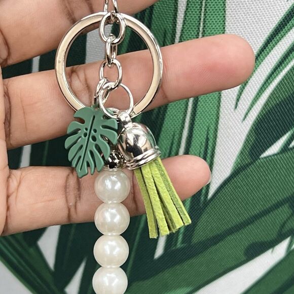 PLANT LADY Bag Charm Keychain Multi MONSTERA Pendant Suede Tassel Faux Pearls - Picture 8 of 17